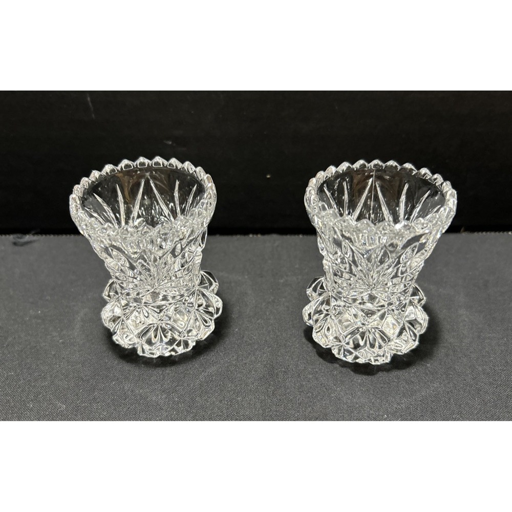 Vtg Pair Glass Toothpick Holders Mini Bud Vases 2" H Fluted Sawtooth Edge